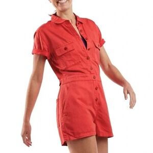 OUTERKNOWN Trestles Short Romper Women's Large Red Organic Cotton Linen Utility